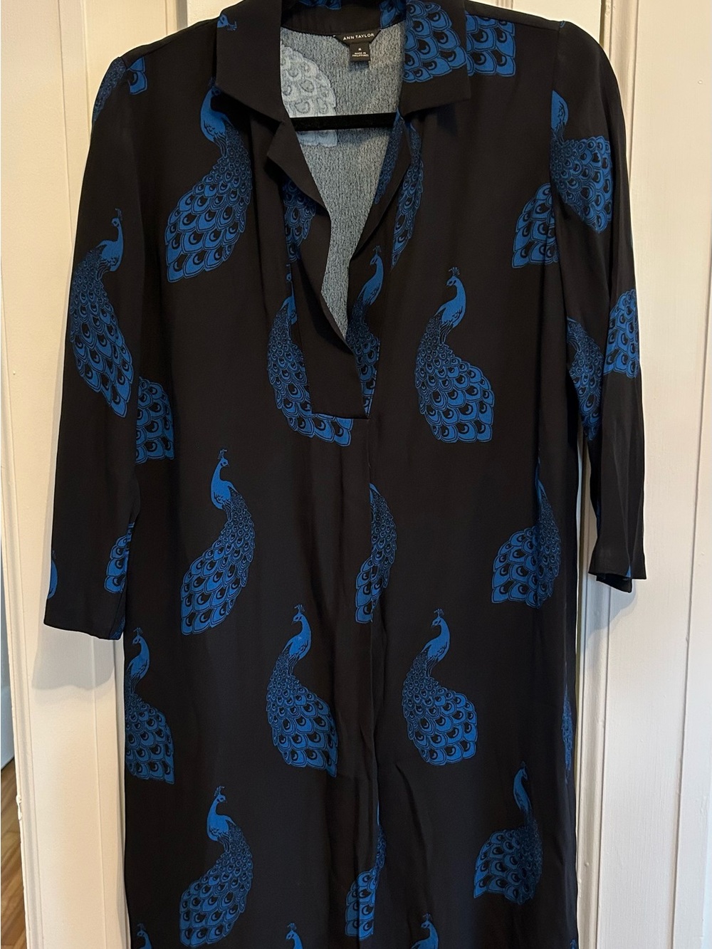 Ann Taylor Black and Blue Peacock-Print Tunic